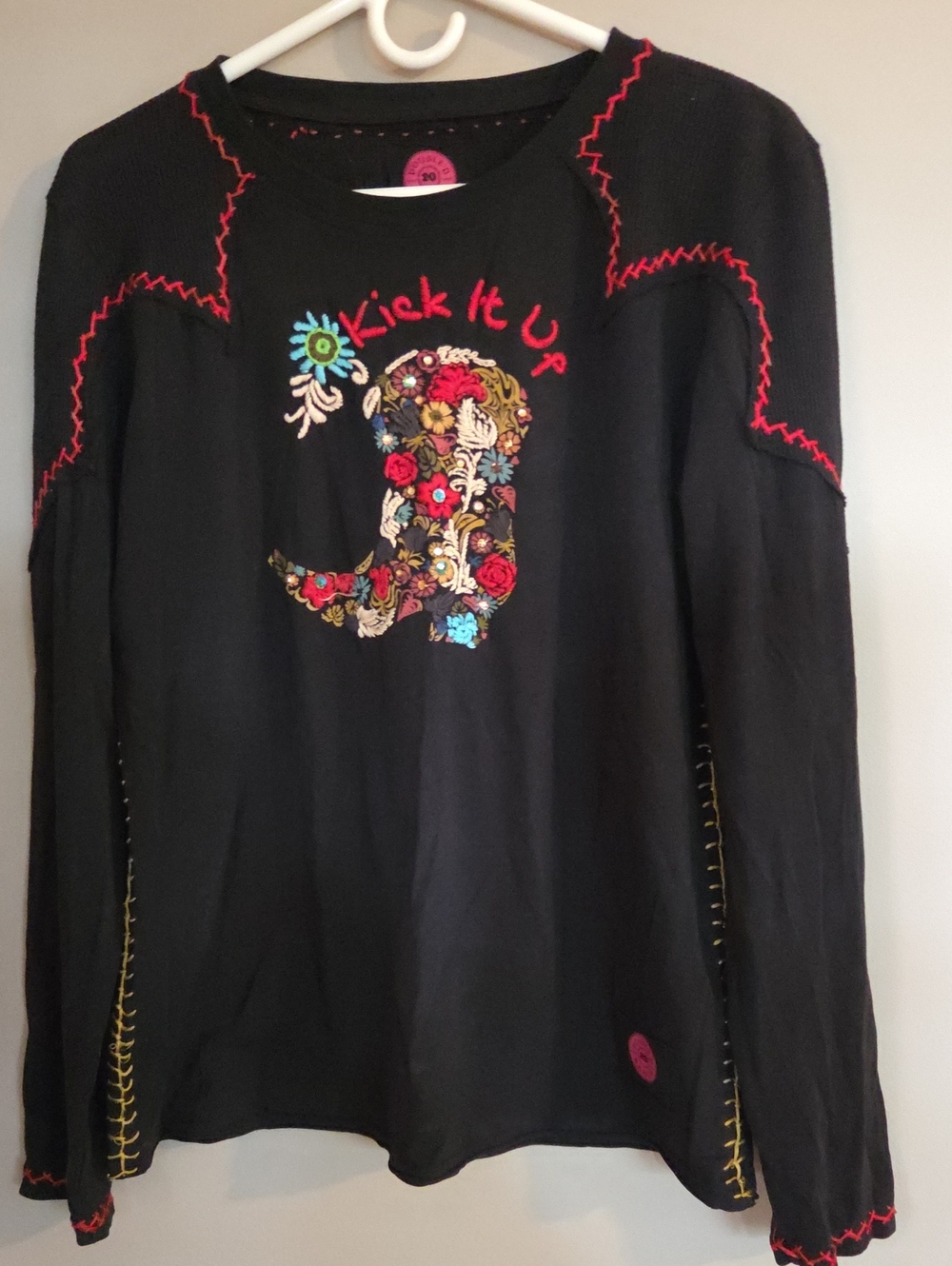 Double D Ranch Black Long Sleeve Tee with Colorful Boot Embroidery